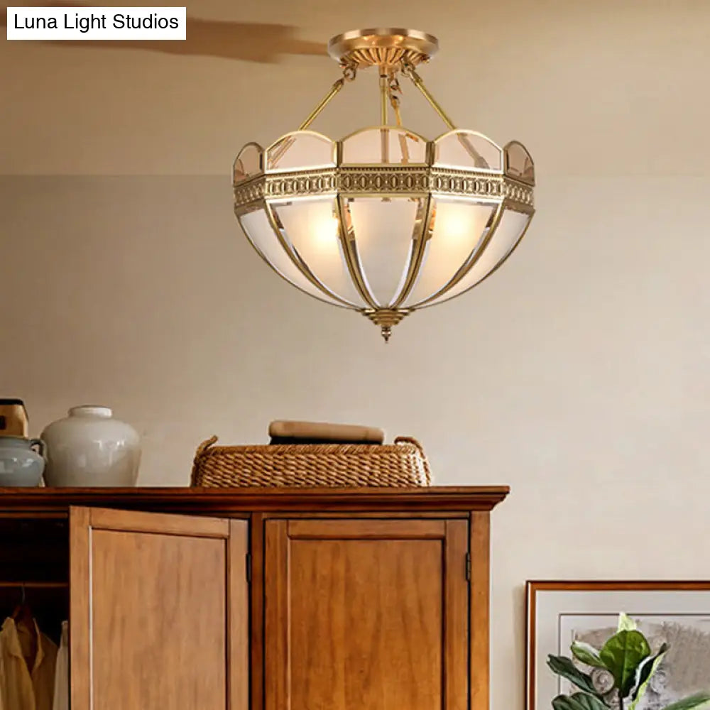 Traditional Brass 4-Bulb Umbrella Semi Flush Mount Ceiling Light Fixture With Frosted Glass