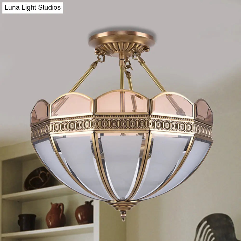 Traditional Brass 4-Bulb Umbrella Semi Flush Mount Ceiling Light Fixture With Frosted Glass