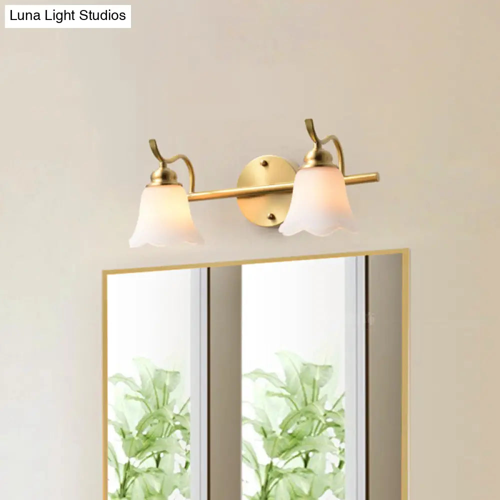 Traditional Brass Bathroom Wall Sconce With Flower Cream Glass Shade - 2/3 Bulbs Vanity Light