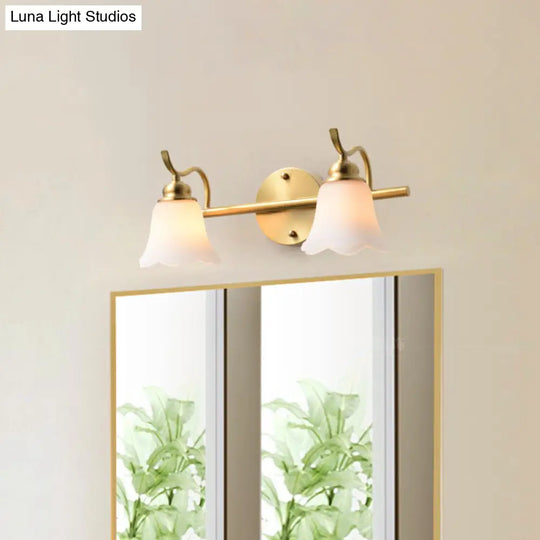 Traditional Brass Bathroom Wall Sconce With Flower Cream Glass Shade - 2/3 Bulbs Vanity Light