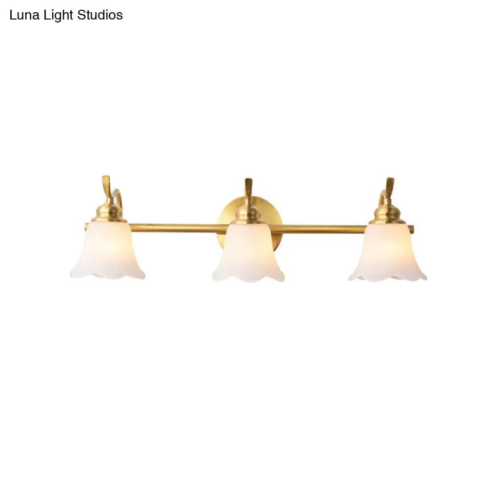 Traditional Brass Bathroom Wall Sconce With Flower Cream Glass Shade - 2/3 Bulbs Vanity Light