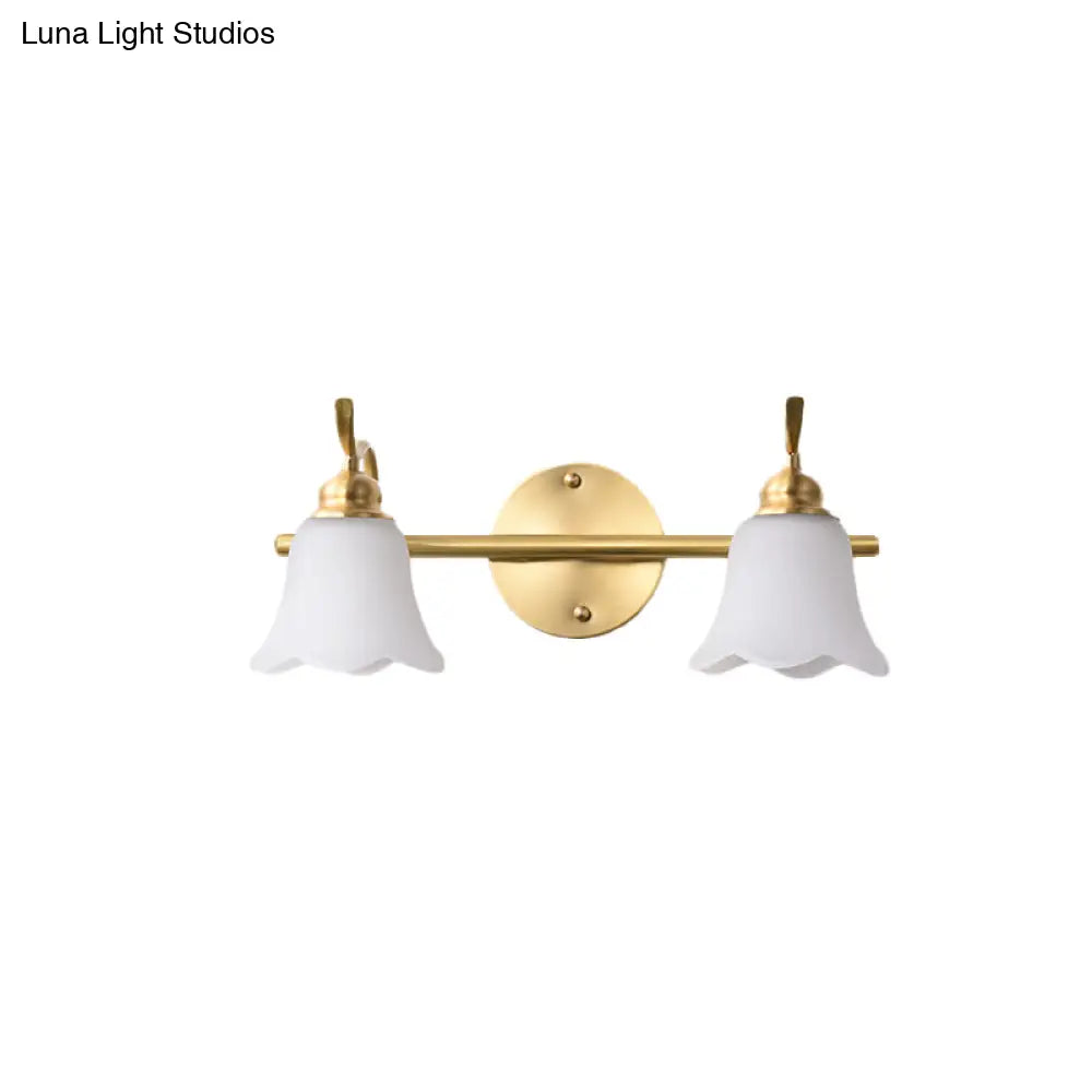 Traditional Brass Bathroom Wall Sconce With Flower Cream Glass Shade - 2/3 Bulbs Vanity Light