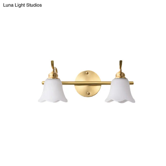 Traditional Brass Bathroom Wall Sconce With Flower Cream Glass Shade - 2/3 Bulbs Vanity Light