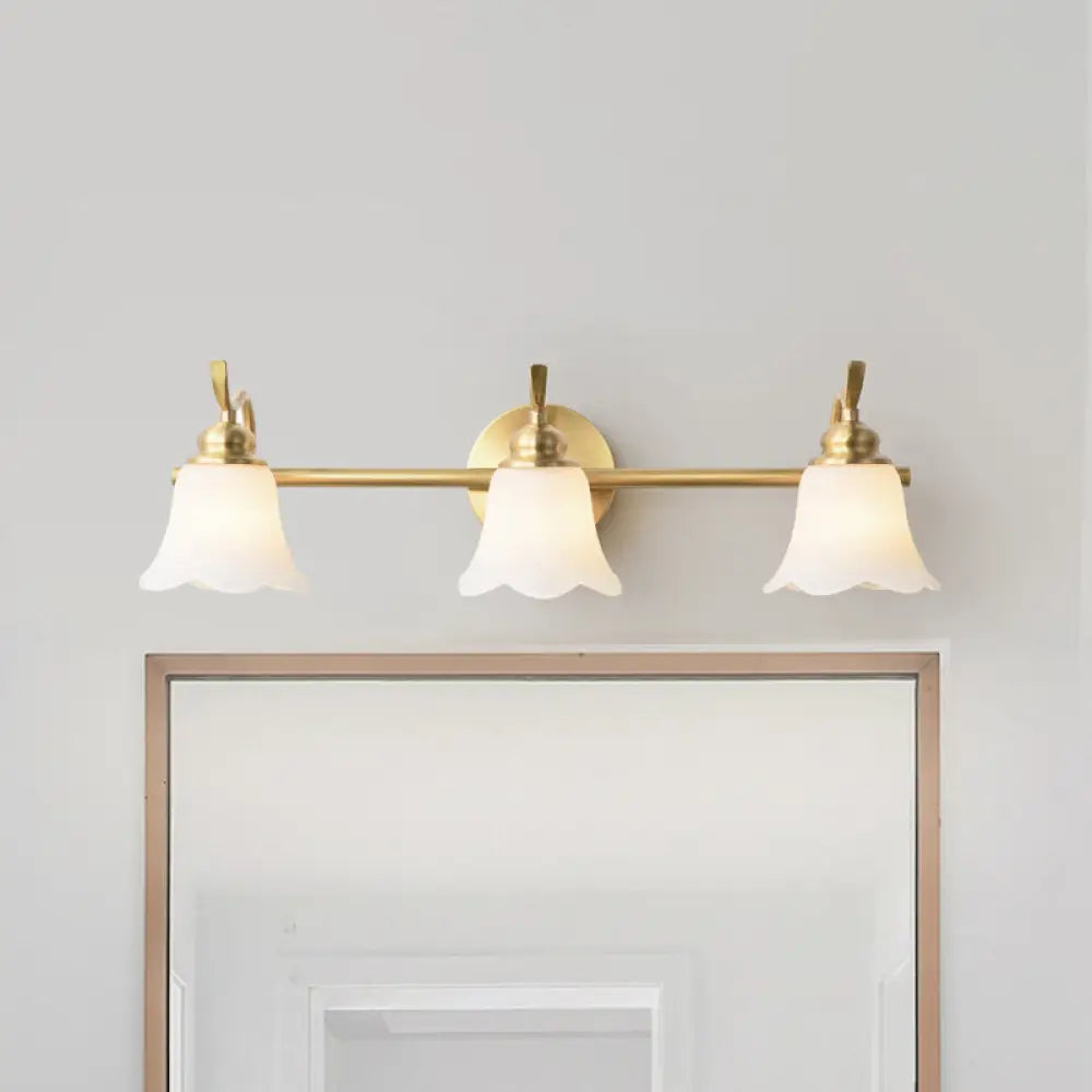 Traditional Brass Bathroom Wall Sconce With Flower Cream Glass Shade - 2/3 Bulbs Vanity Light 3 /