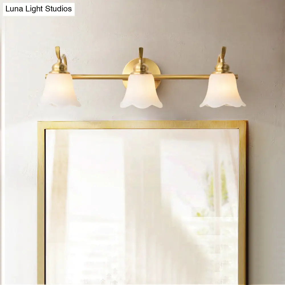 Traditional Brass Bathroom Wall Sconce With Flower Cream Glass Shade - 2/3 Bulbs Vanity Light