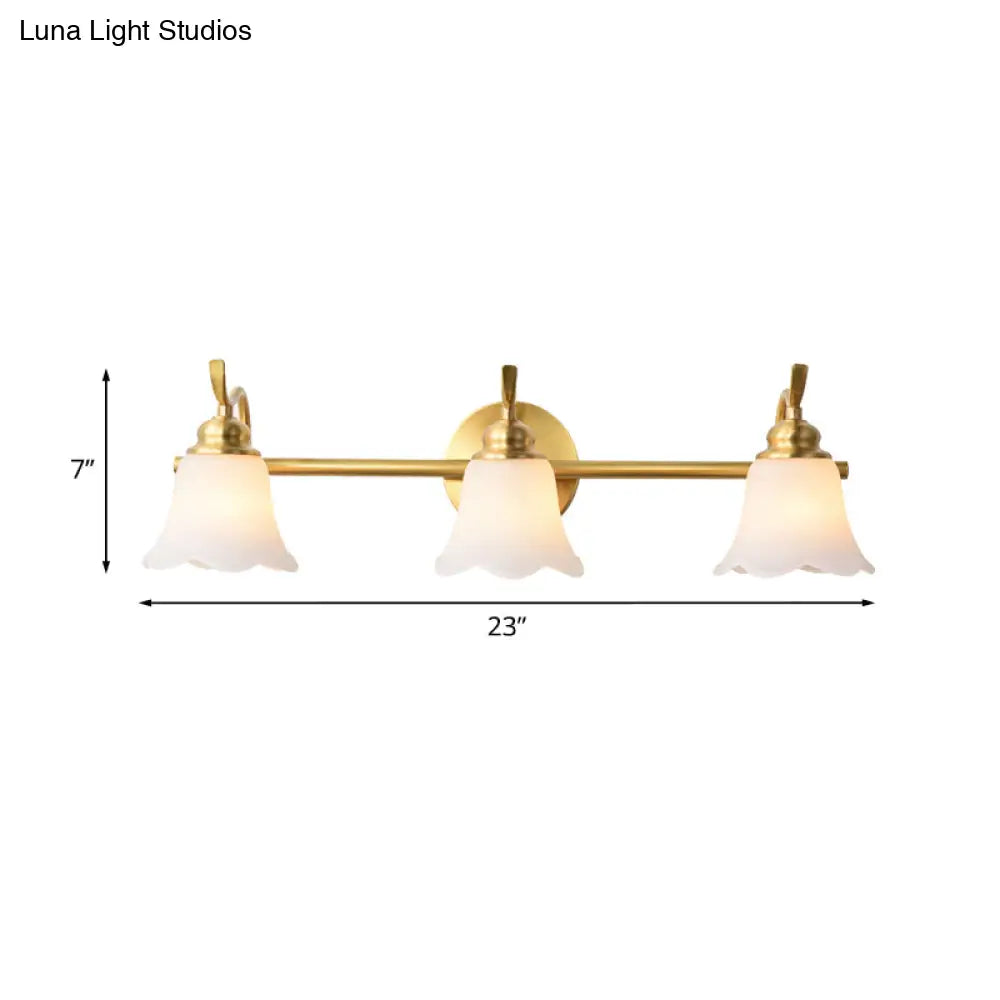 Traditional Brass Bathroom Wall Sconce With Flower Cream Glass Shade - 2/3 Bulbs Vanity Light