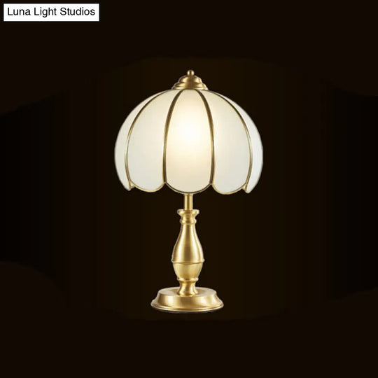 Traditional Brass Bedside Table Lamp With Dome White Glass Shade