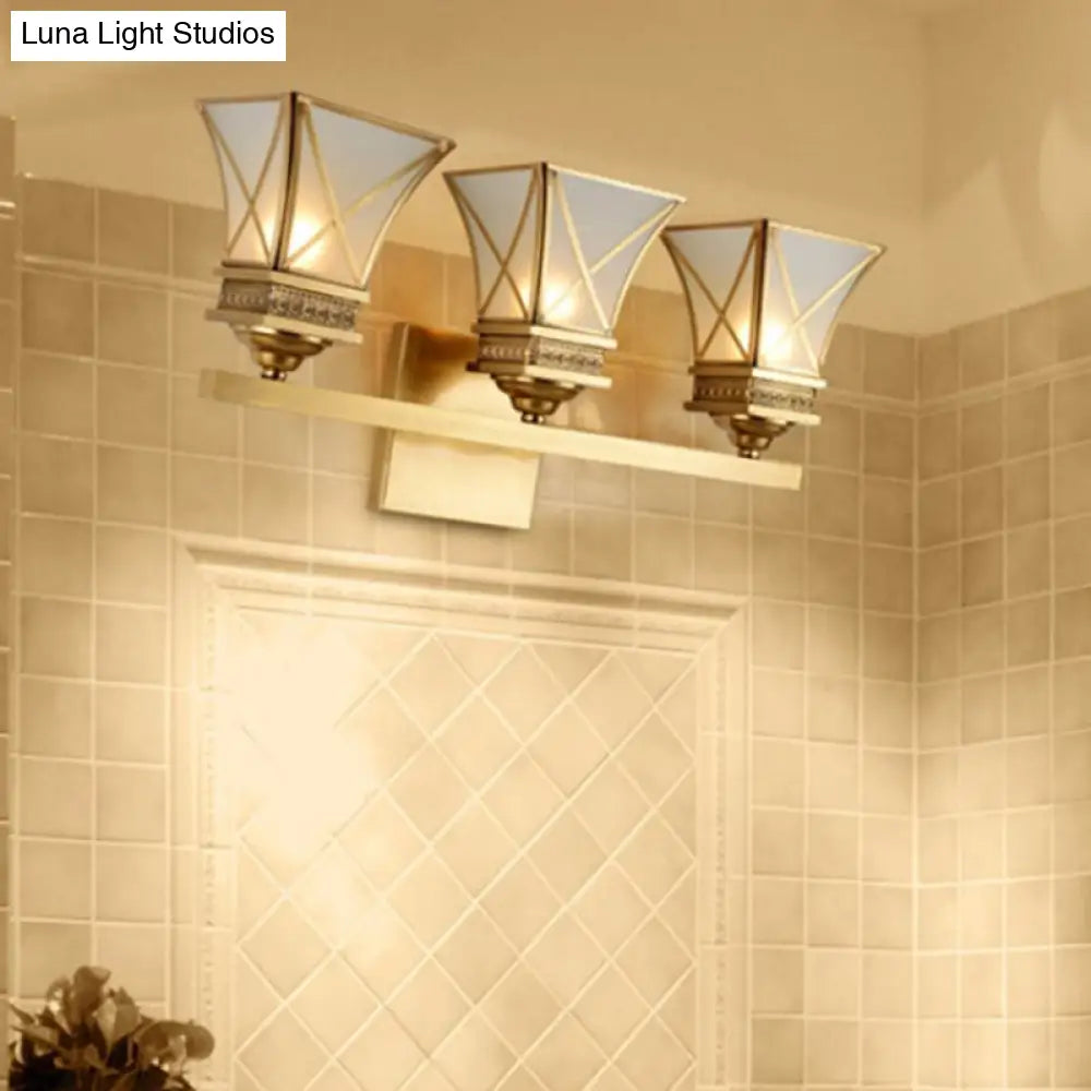 Traditional Brass Bell Vanity Light: Stylish 3-Light Bathroom Wall Sconce With Frosted Glass Shade