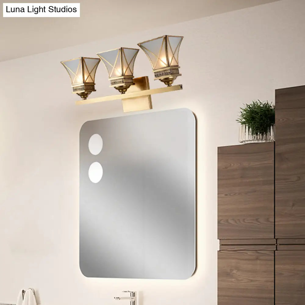 Traditional Brass Bell Vanity Light: Stylish 3-Light Bathroom Wall Sconce With Frosted Glass Shade