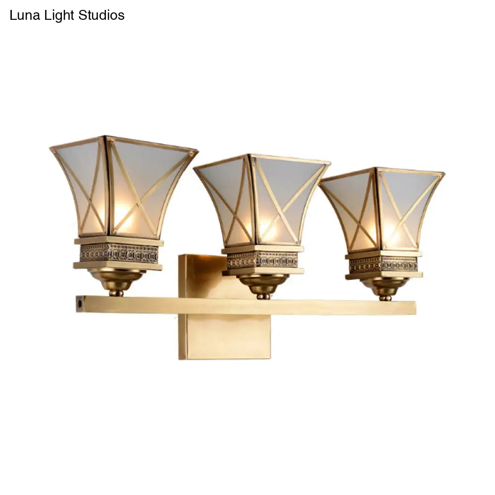 Traditional Brass Bell Vanity Light: Stylish 3-Light Bathroom Wall Sconce With Frosted Glass Shade