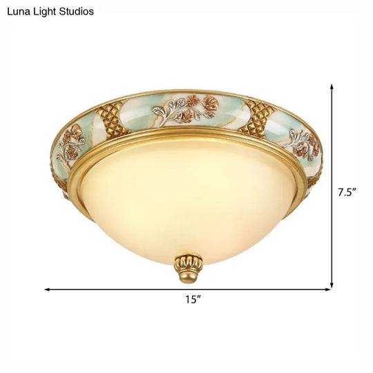 Traditional Brass Bowl Shaped Flushmount Light - Frosted Glass 3 Lights 15’/19’ Wide