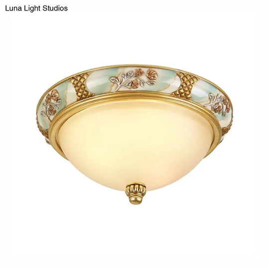 Traditional Brass Bowl Shaped Flushmount Light - Frosted Glass 3 Lights 15/19 Wide