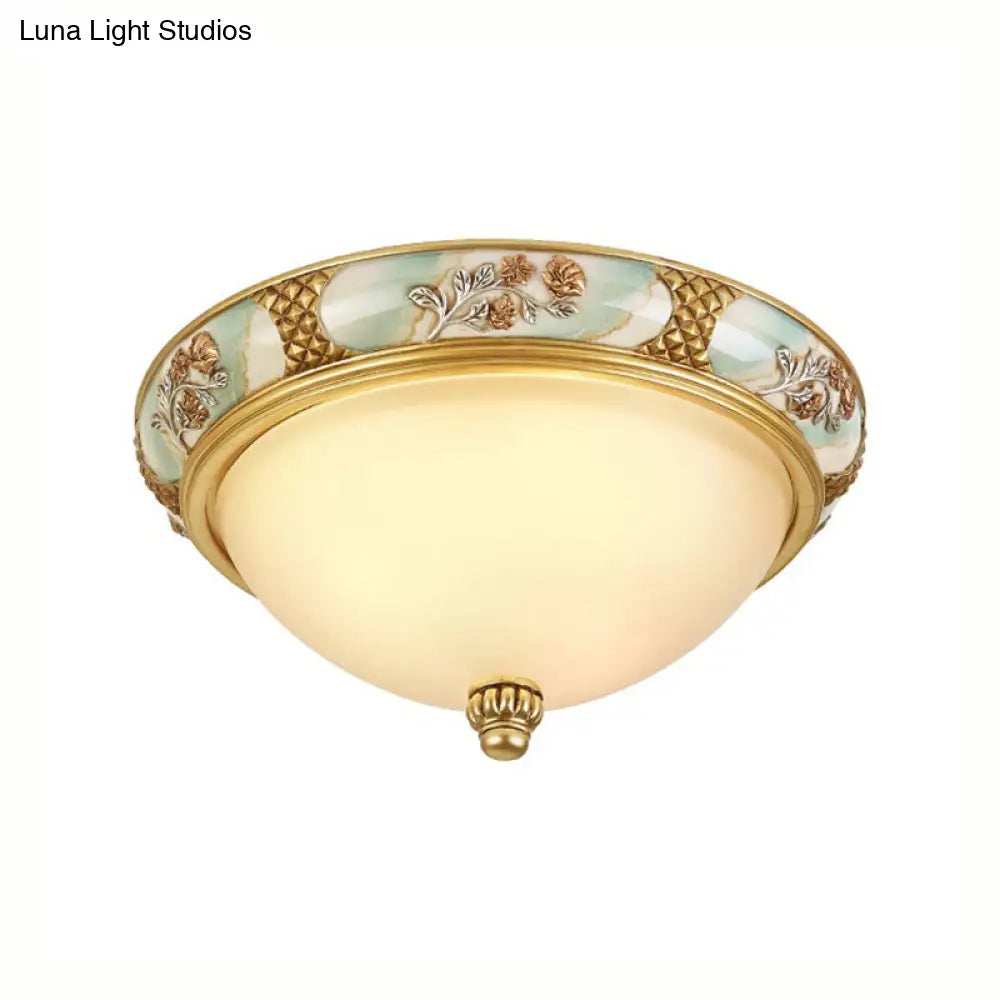 Traditional Brass Bowl Shaped Flushmount Light - Frosted Glass 3 Lights 15’/19’ Wide