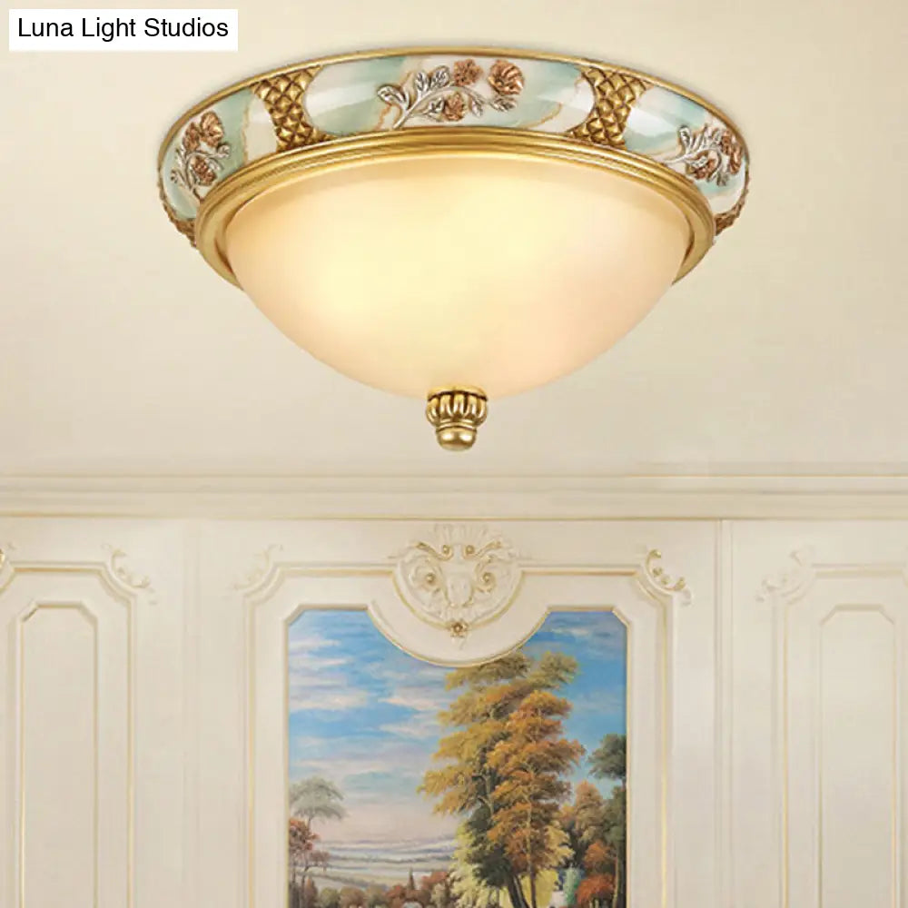 Traditional Brass Bowl Shaped Flushmount Light - Frosted Glass 3 Lights 15’/19’ Wide