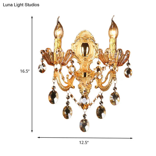 Traditional Brass Candelabra Sconce Light - 2 Heads Living Room Wall Mount Fixture With Crystal