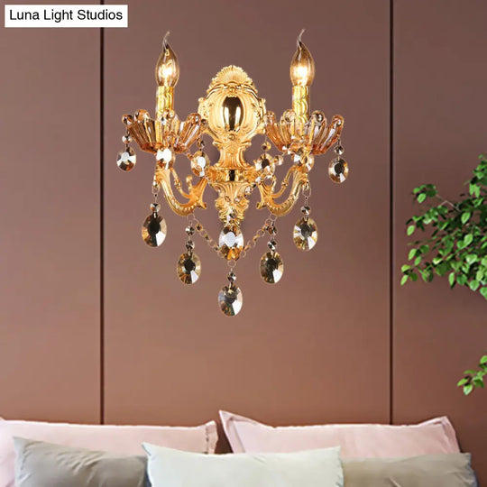 Traditional Brass Candelabra Sconce Light - 2 Heads Living Room Wall Mount Fixture With Crystal