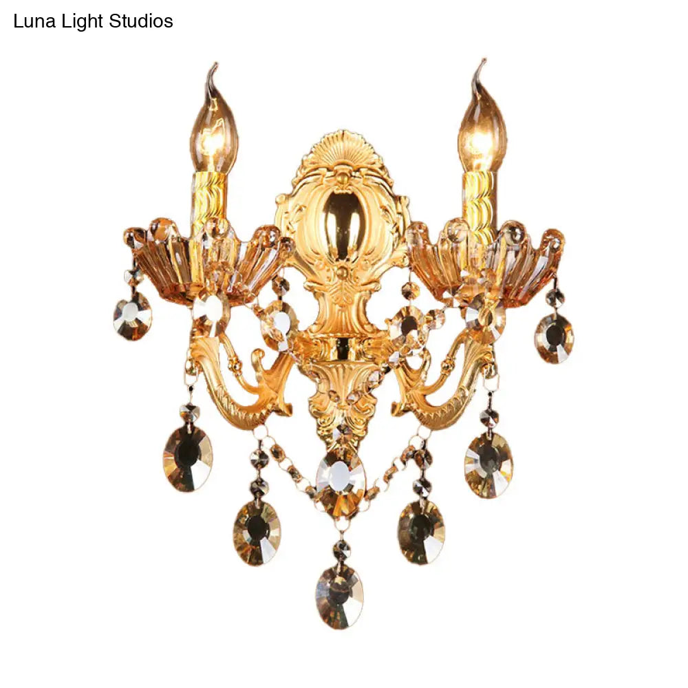 Traditional Brass Candelabra Sconce Light - 2 Heads Living Room Wall Mount Fixture With Crystal