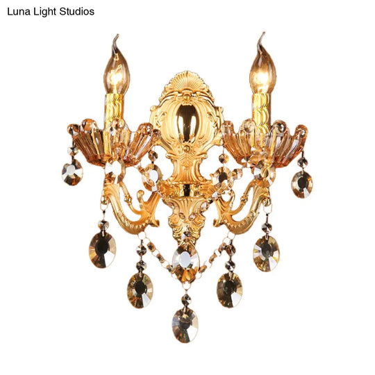 Traditional Brass Candelabra Sconce Light - 2 Heads Living Room Wall Mount Fixture With Crystal