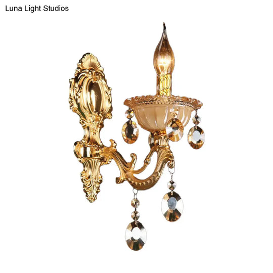 Traditional Brass Candle Wall Sconce With Beveled Crystal Drop For Dining Room