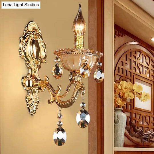 Traditional Brass Candle Wall Sconce With Beveled Crystal Drop For Dining Room