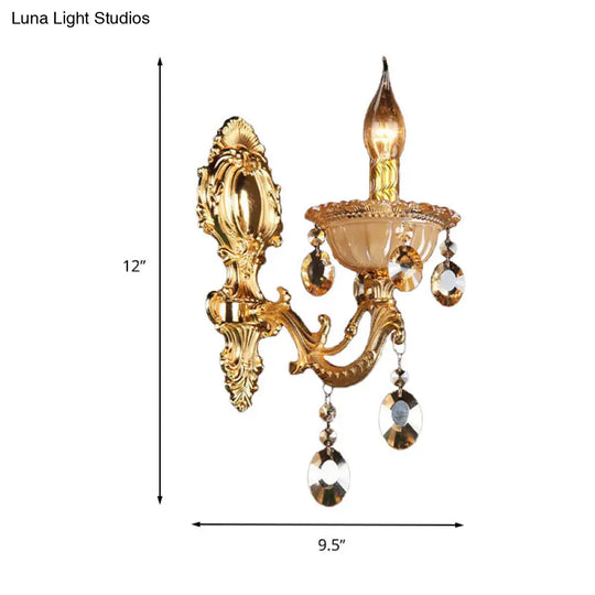 Traditional Brass Candle Wall Sconce With Beveled Crystal Drop For Dining Room