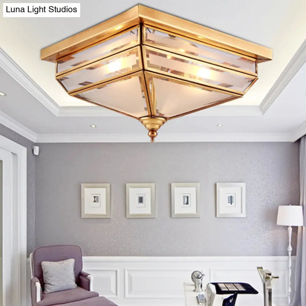 Traditional Brass Ceiling Lamp - 11.5/16 W 3 Lights Beveled Glass Square Flush Mount