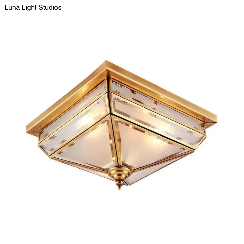 Traditional Brass Ceiling Lamp - 11.5’/16’ W 3 Lights Beveled Glass Square Flush Mount