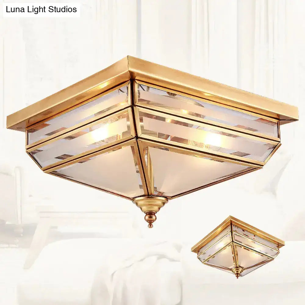 Traditional Brass Ceiling Lamp - 11.5’/16’ W 3 Lights Beveled Glass Square Flush Mount