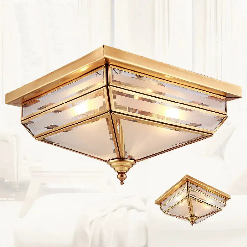 Traditional Brass Ceiling Lamp - 11.5’/16’ W 3 Lights Beveled Glass Square Flush Mount / 11.5’