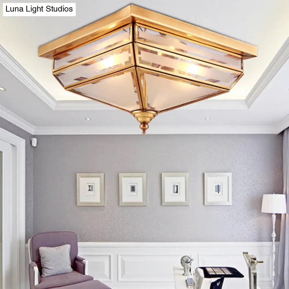 Traditional Brass Ceiling Lamp - 11.5’/16’ W 3 Lights Beveled Glass Square Flush Mount