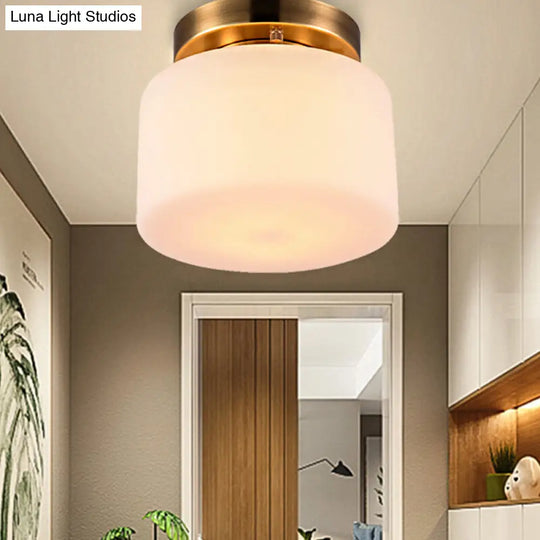 Traditional Brass Ceiling Light: White Glass Drum Flushmount For Living Room