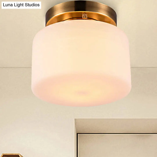 Traditional Brass Ceiling Light: White Glass Drum Flushmount For Living Room