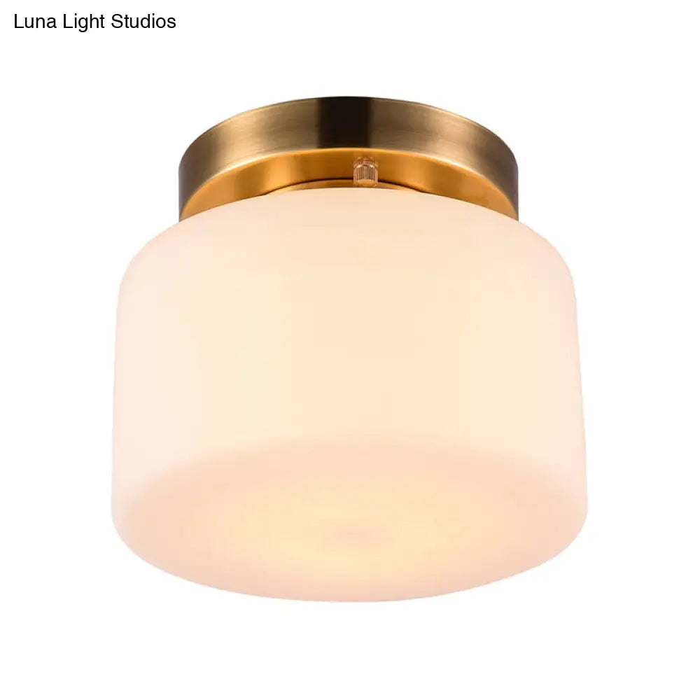Traditional Brass Ceiling Light: White Glass Drum Flushmount For Living Room