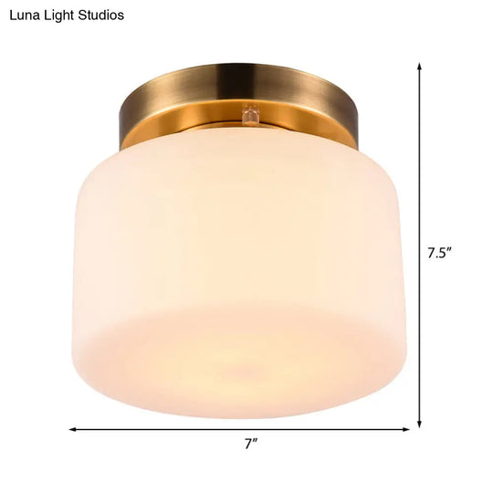 Traditional Brass Ceiling Light: White Glass Drum Flushmount For Living Room