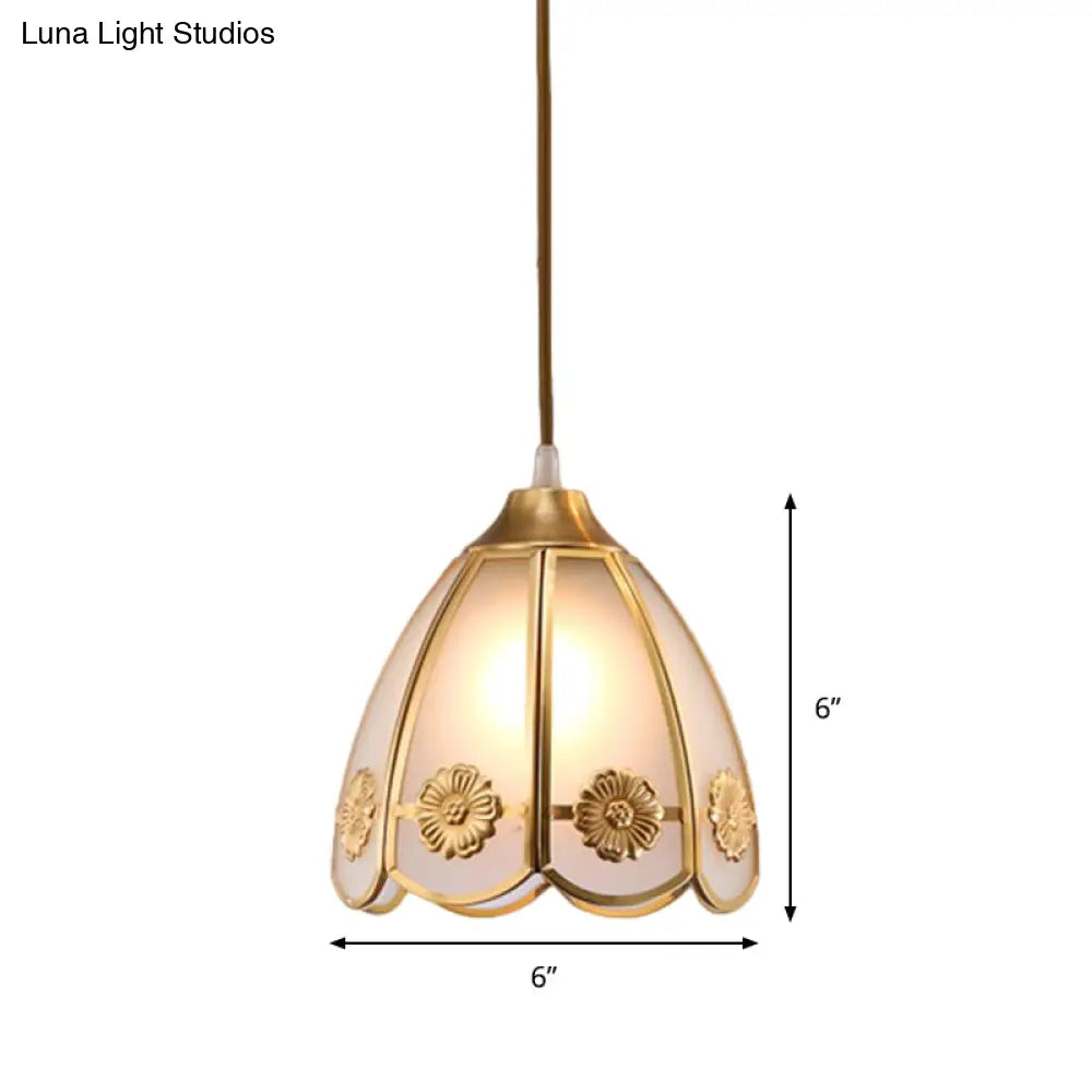 Traditional Brass Ceiling Pendant Lamp With Frosted Glass Dome - 1 Light For Hallways