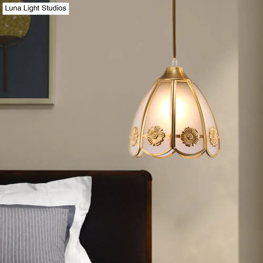 Traditional Brass Ceiling Pendant Lamp With Frosted Glass Dome - 1 Light For Hallways