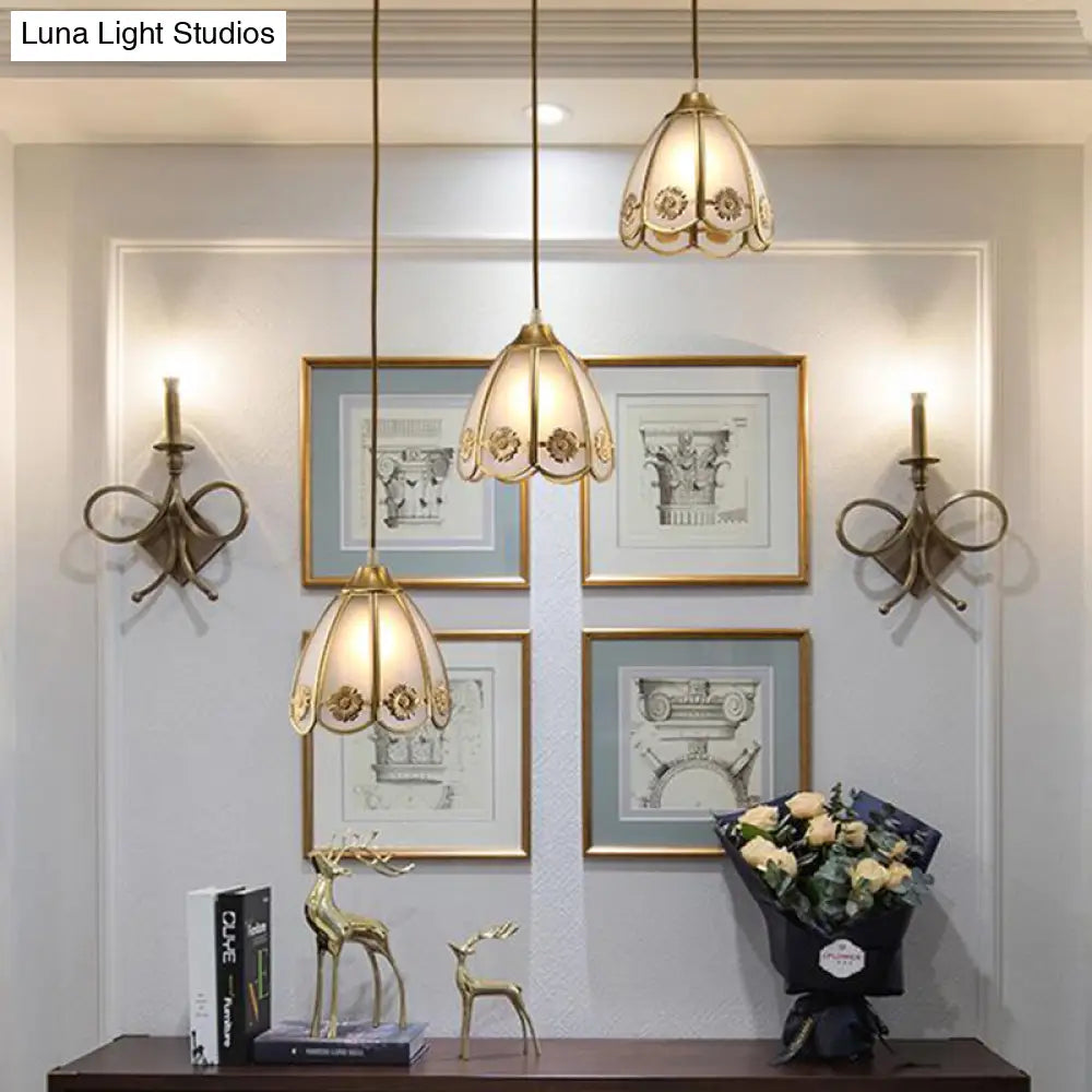 Traditional Brass Ceiling Pendant Lamp With Frosted Glass Dome - 1 Light For Hallways