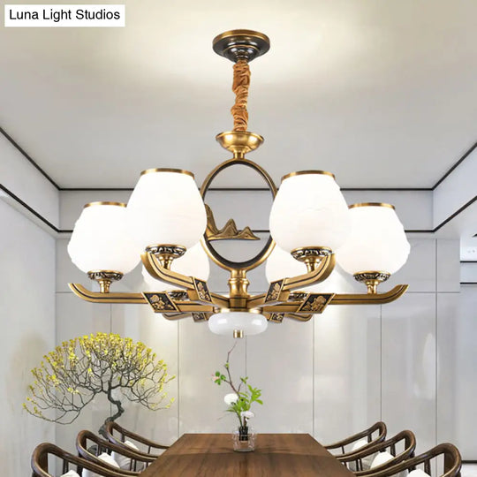 Traditional Brass Chandelier With 6 Hanging Lights & Bud White Glass Shade For Dining Room