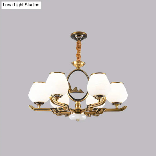 Traditional Brass Chandelier With 6 Hanging Lights & Bud White Glass Shade For Dining Room