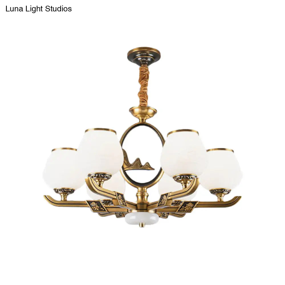 Traditional Brass Chandelier With 6 Hanging Lights & Bud White Glass Shade For Dining Room