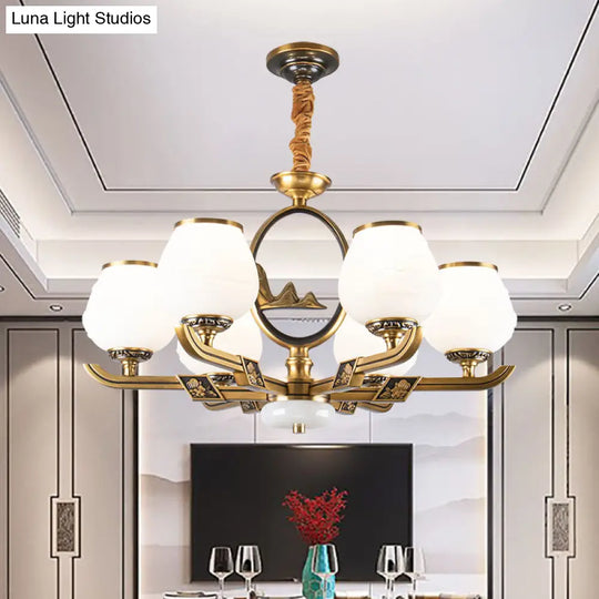 Traditional Brass Chandelier With 6 Hanging Lights & Bud White Glass Shade For Dining Room