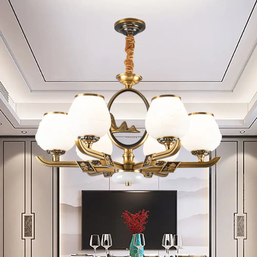 Traditional Brass Chandelier With 6 Hanging Lights & Bud White Glass Shade For Dining Room