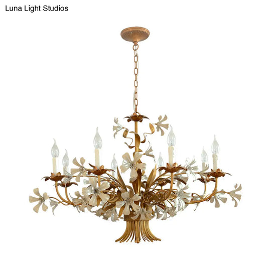 Traditional Brass Chandelier With 8 Lights - Elegant Metal Flower Hanging Fixture For Living Room