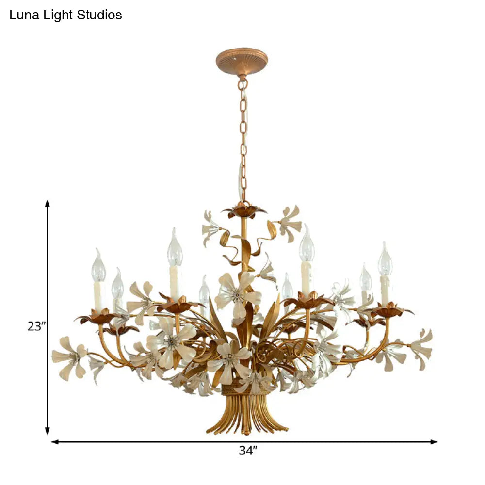 Traditional Brass Chandelier With 8 Lights - Elegant Metal Flower Hanging Fixture For Living Room