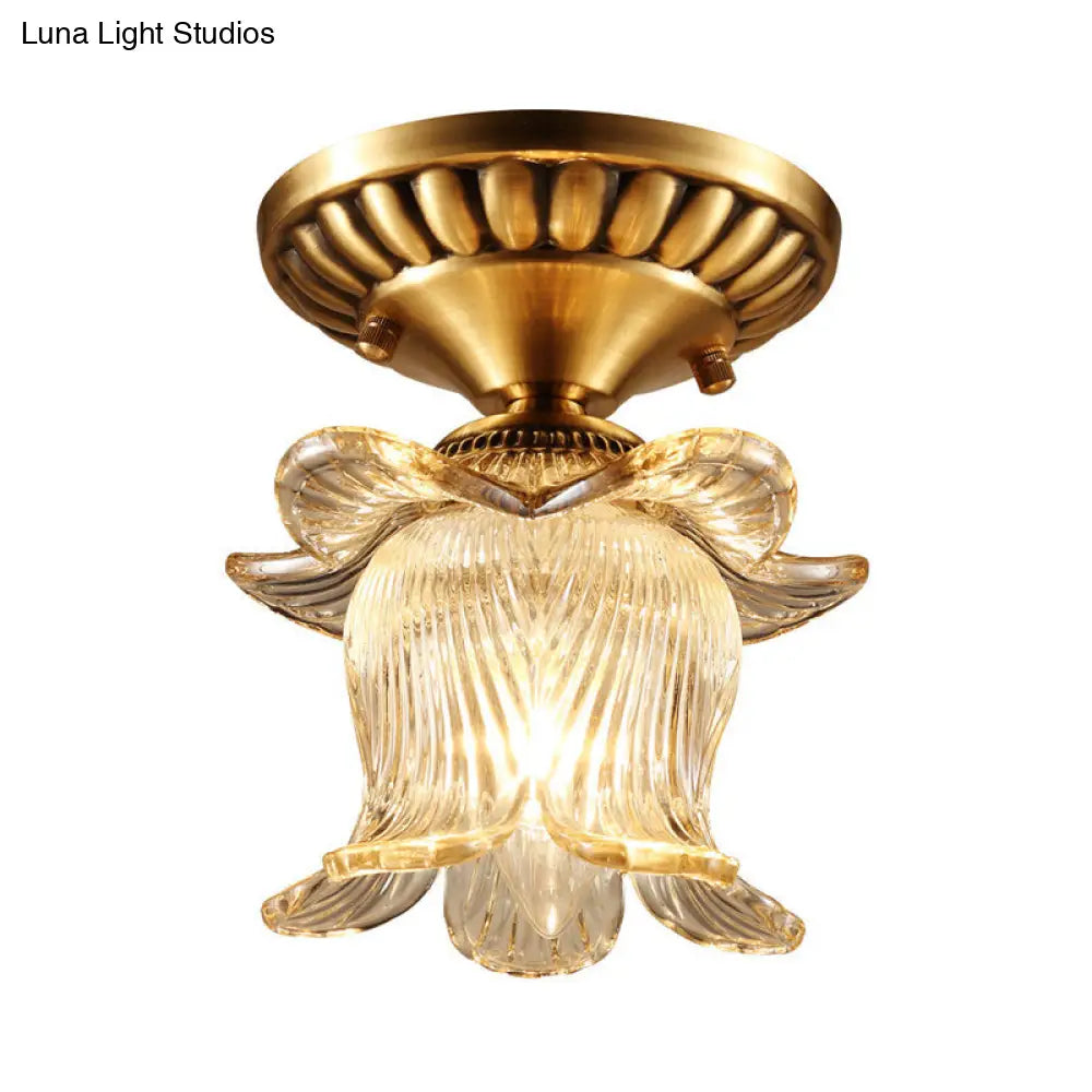 Traditional Brass Chandelier With Clear Ribbed Glass And Semi-Flush Mount For 1 Bulb