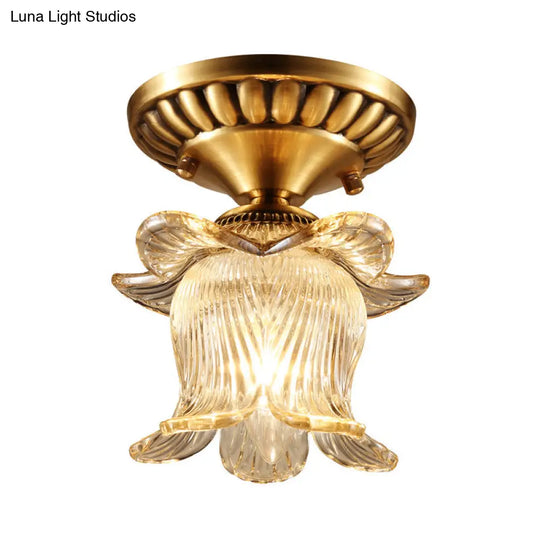 Traditional Brass Chandelier With Clear Ribbed Glass And Semi - Flush Mount For 1 Bulb