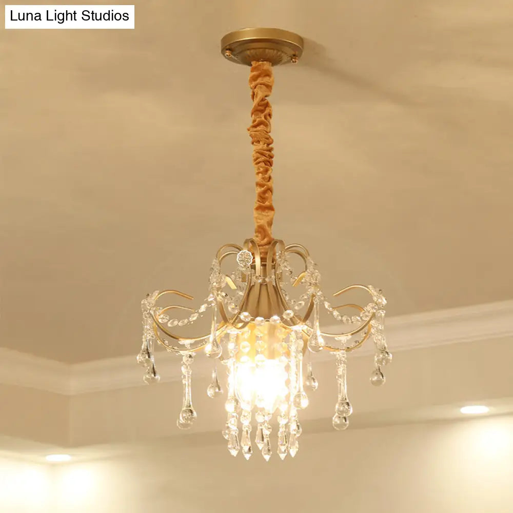 Traditional Brass Chandelier With Crystal Draping - Curved Pendant Lamp 3 Bulbs