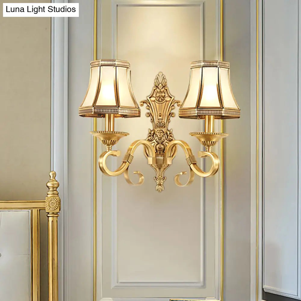 Traditional Brass Cone Wall Lamp With Beveled Glass Panel - Bedroom Mount Lighting