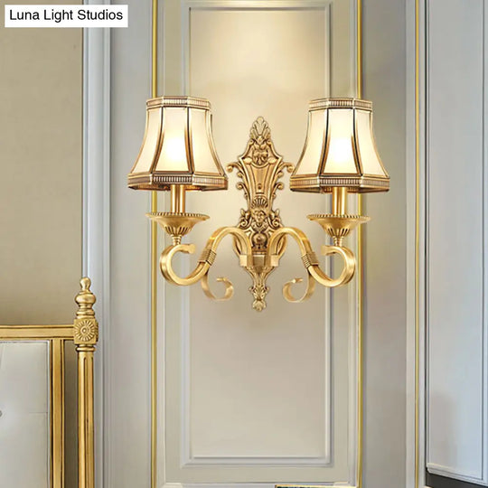 Traditional Brass Cone Wall Lamp With Beveled Glass Panel - Bedroom Mount Lighting