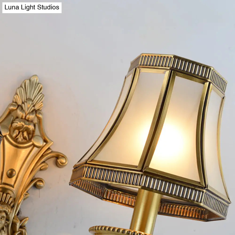 Traditional Brass Cone Wall Lamp With Beveled Glass Panel - Bedroom Mount Lighting